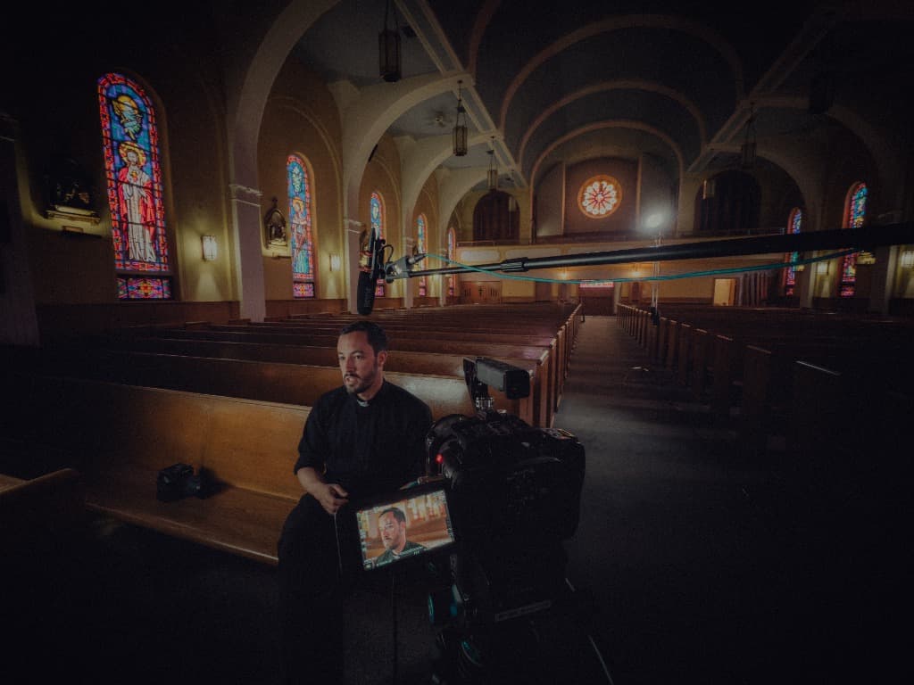 Behind the scenes of an intentional film production in a church setting